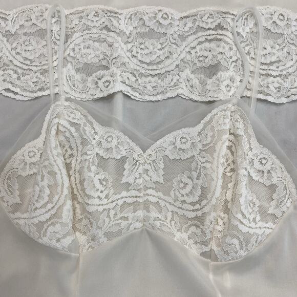 Vintage 60s Perlon Creamy White Nylon Lacy Retro Pinup Full Slip Dress Size S/M - Picture 12 of 15